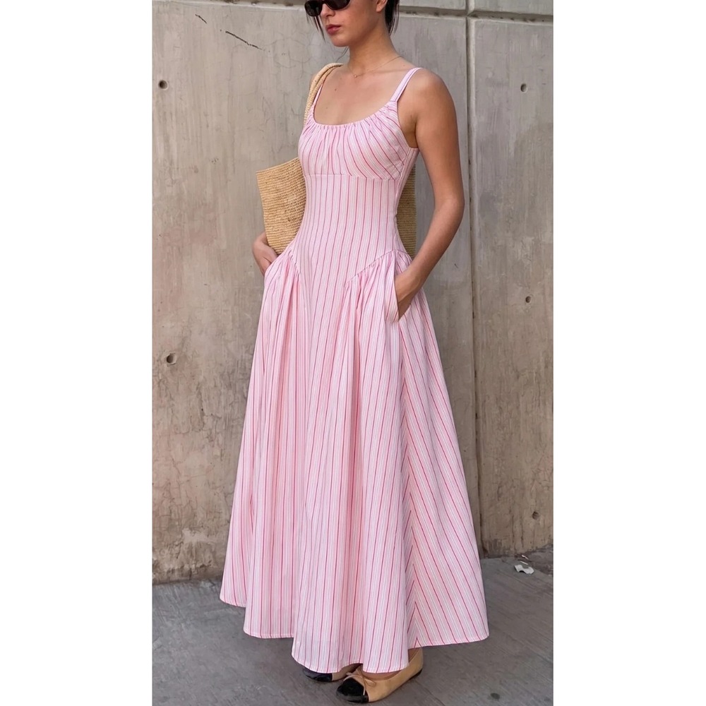 Micas Pink Stripes Round Neck Pocket Sleeveless Maxi Dress Medium